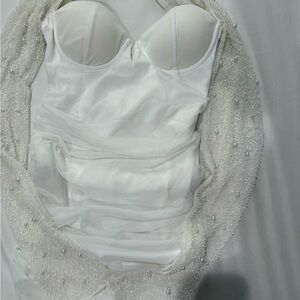 Elegant White Strapless Dress with Beaded Shawl
